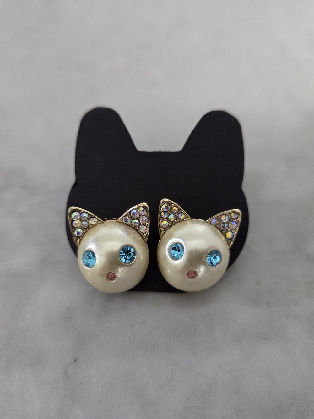 Betsy Johnson Pearl Cat Face Stud Earrings with Blue Crystal Eyes